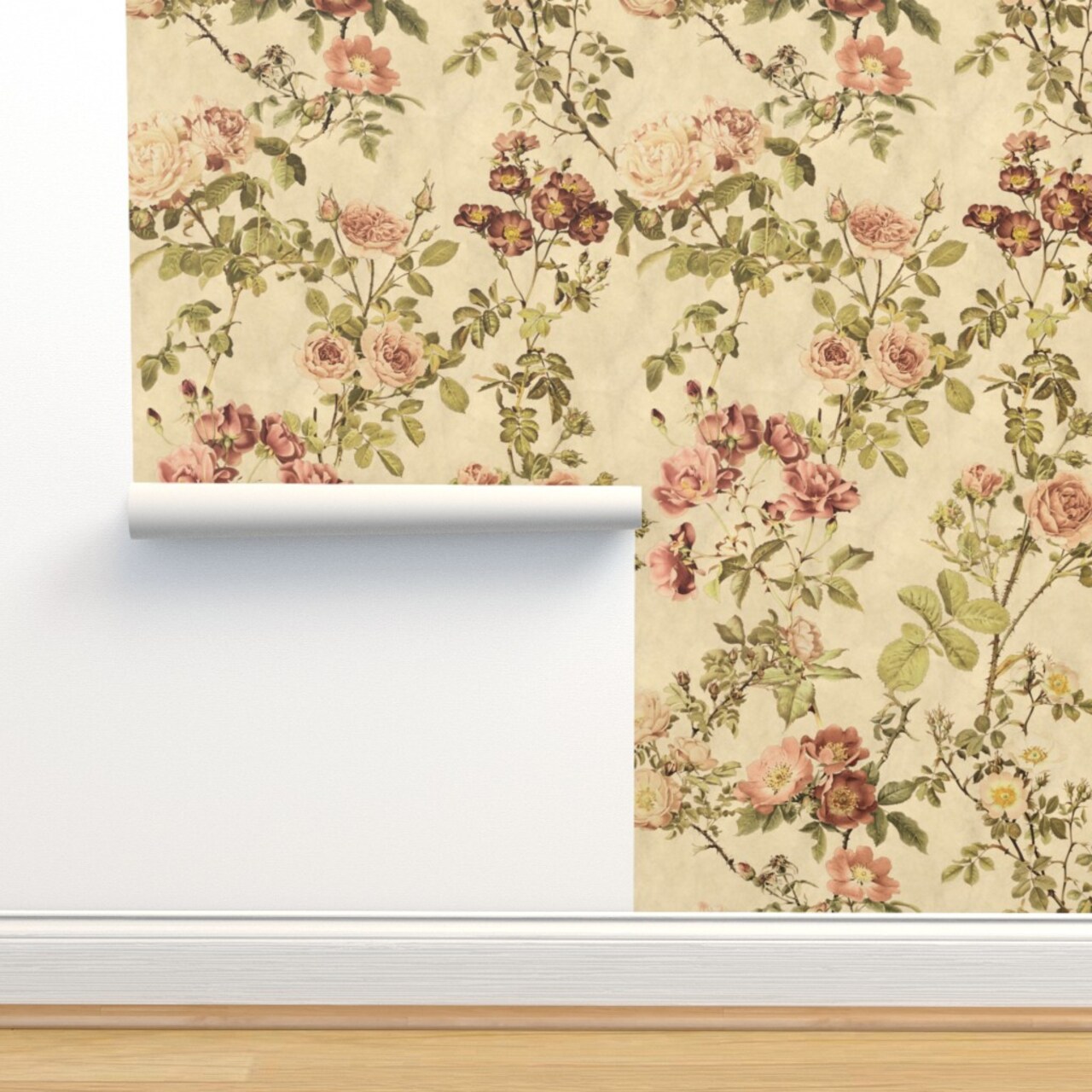 Vintage Botanical Chintz Old Fashioned Floral English Garden Victorian Rose Custom Pre-pasted Wallpaper by Spoonflower Pre-Pasted Wallpaper 2FT Wide